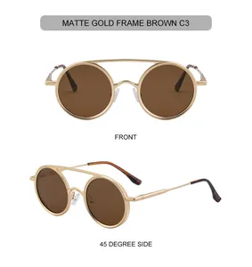 Vue détaillée de lunettes de soleil ovales rétro avec monture dorée mate et double pont
