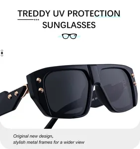 Detailed close-up of square sunglasses featuring golden metal rivets and UV protection lenses