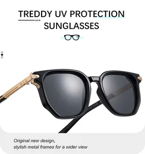 Detailed side view of stylish polygon sunglasses featuring premium gold zinc alloy temples