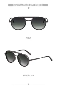 Vues de face et de profil à 45 degrés des lunettes de soleil en métal gris avec double pont