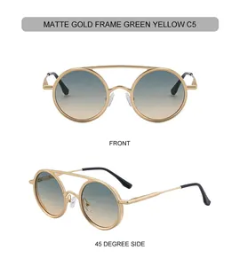 Vues détaillées de face et de côté de lunettes de soleil en métal doré mat avec double pont et dégradé