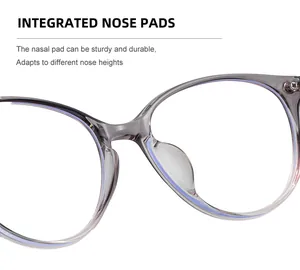 Detail of integrated nose pads on transparent grey TR90 cat eye glasses frame