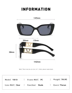 Detailed size chart for V819 square sunglasses showing frame dimensions and V-logo metal trim