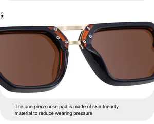 Close-up of square sunglasses showing skin-friendly nose pads and gold metal bridge detail