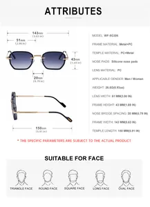 Detailed dimension chart showing size specs for square punk sunglasses with metal and PC frame