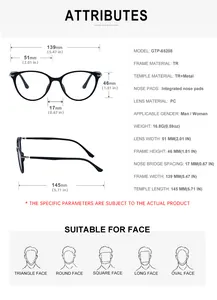 Size chart showing TR90 cat-eye frame dimensions and technical specifications for glasses