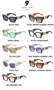 Matrix display of vintage square sunglasses with gold V-metal temple details in 9 colors