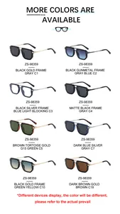 Detail view of square frame sunglasses ZS-98359 in various colors and lens finishes