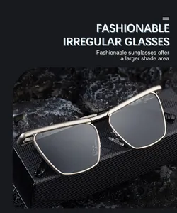 Detailed close-up of champagne gold irregular metal sunglasses on a textured case