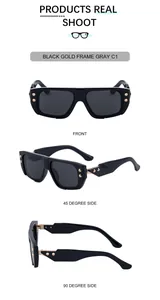 Three-view layout of black and gold square sunglasses with metallic rivet detailing
