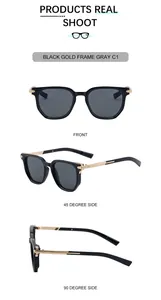 Detailed views of polygon sunglasses with black frames and gold zinc alloy temples
