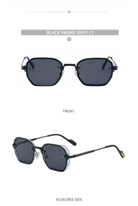 Front and side view of square black frame sunglasses with gray lenses and metal details