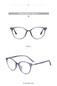 Transparent gray cat-eye TR90 glasses frame front and side view for women