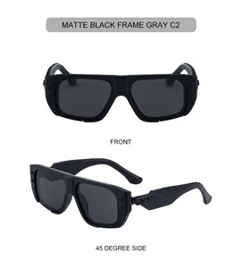 Front and 45-degree side view of matte black square sunglasses with gray lenses