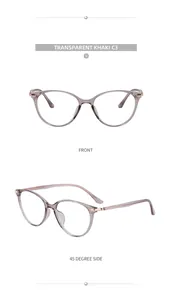 Front and 45 degree side view of transparent khaki cat eye TR90 optical frames