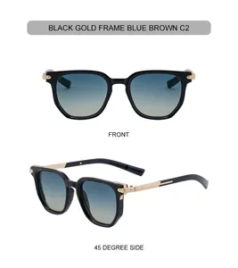Front and side view of polygonal sunglasses with black gold frames and blue brown lenses