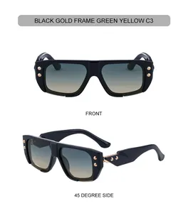 Black and gold square sunglasses featuring green yellow gradient lenses and metal rivets