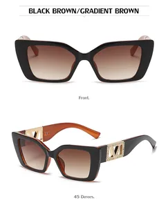 Detail of square cat-eye sunglasses with gold V-shape hollow temple and rhinestones