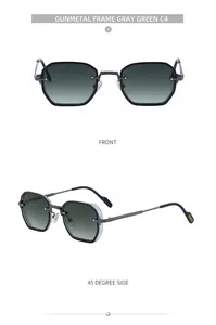 Detailed front and side views of gunmetal square sunglasses with gray green gradient lenses