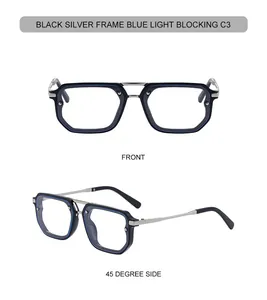 Front and 45 degree side view of square double bridge blue light blocking glasses