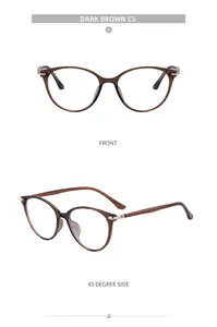 Detailed front and 45-degree side views of dark brown TR90 cat-eye glasses frames
