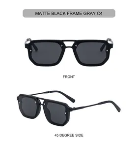 Front and side views of matte black square sunglasses with gray lenses and metal rivets