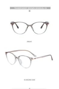 Front and 45-degree views of cat-eye TR90 frames in transparent brown gradual finish
