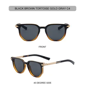 Detailed front and side view of polygonal sunglasses with zinc alloy temples and grey lenses