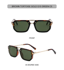 Detail of square tortoise shell sunglasses with double metal bridge and G15 green lens