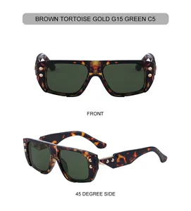 Detail view of square tortoise shell sunglasses with G15 green lenses and gold rivets