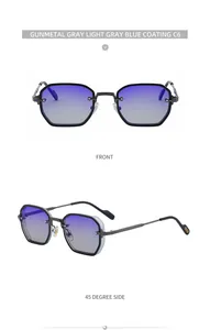 Detail view of gunmetal gray square metal sunglasses with blue gradient lenses