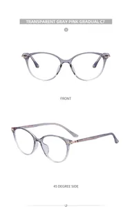 Cat eye optical frame in transparent gray pink gradient shown from front and side view
