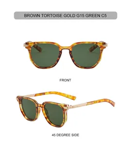 Detailed views of polygon sunglasses with tortoise frames and golden zinc alloy temples