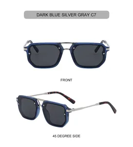 Close-up of dark blue translucent square sunglasses with silver double bridge detail