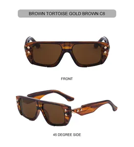 Front and 45-degree side view of square tortoise sunglasses with golden rivet accents