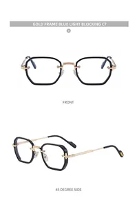 Close-up of gold frame blue light blocking glasses with black polygonal rims in C7 color