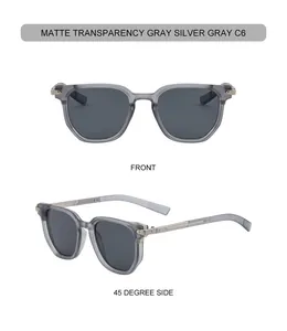Detailed views of matte transparent gray polygon sunglasses with silver metal hinges