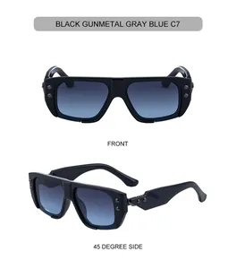 Front and side view of square sunglasses with black frame and blue gradient lenses