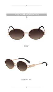 Front and 45-degree side views of gold oval metal sunglasses with gradient brown lenses