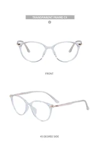 Front and 45-degree side view of transparent cat eye TR90 optical frame glasses for women