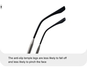 Detail of silver metal glasses temple with black anti-slip tips for comfortable wearing