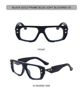 Detail of square black and gold anti-blue light glasses with metal rivets