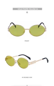 Front and side view of gold oval sunglasses with yellow lenses for fashion street style