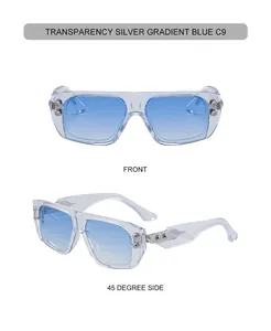 Front and 45-degree side views of square transparent silver sunglasses with blue lenses