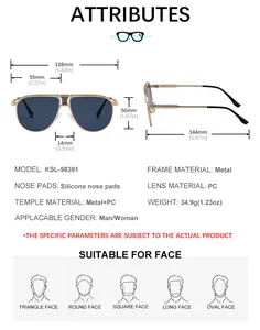 Size chart showing exact dimensions and specs for the metal pilot aviator sunglasses