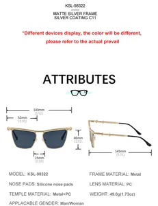 Detailed size specifications for cat eye sunglasses with metal frame and PC lenses
