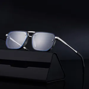 Modern square frame sunglasses for men with blue trim and silver metal temples