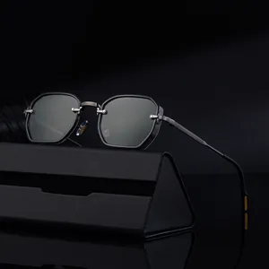 Retro punk square sunglasses with dark hexagonal metal frame and leather case