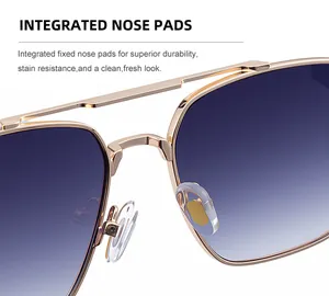 Détail des plaquettes de nez intégrées sur lunettes de soleil aviateur en métal doré