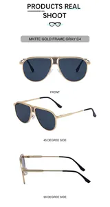 Three-angle views of matte gold aviator sunglasses with gray lenses and metal frames